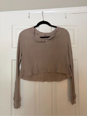 wild fable Taupe Waffle-Knit Long Sleeve Cropped Top